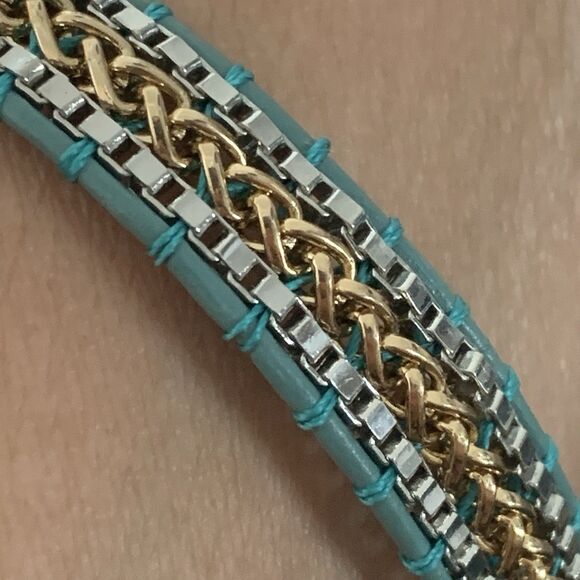 Stella & Dot Wrap Bracelet Silver & Gold Braided Teal Leather Cord Adj 6.5"-8.5" - Picture 2 of 12